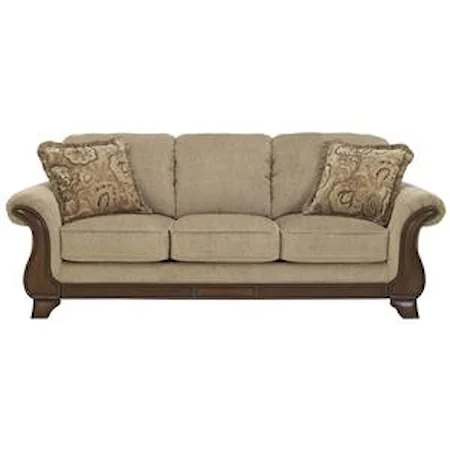Queen Sofa Sleeper with with Memory Foam Mattress, Flared Arms & Exposed Wood Accents